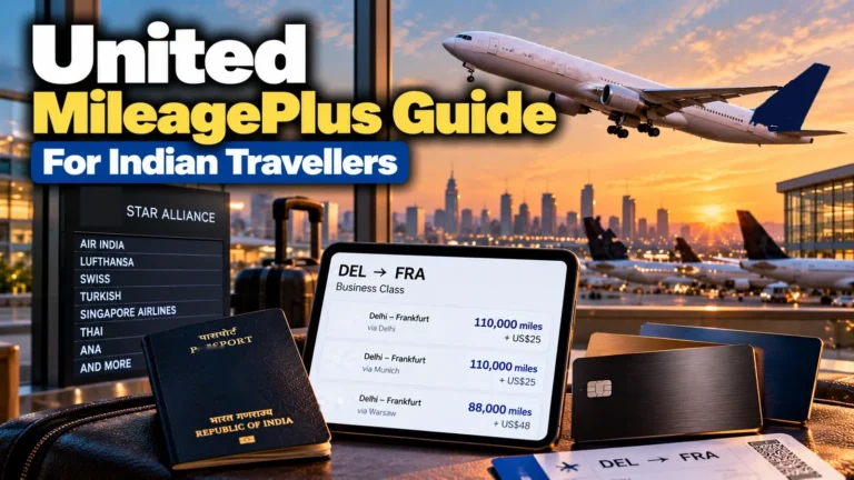 United MileagePlus guide for Indian travellers: plane at sunset, tablet with Delhi to Frankfurt award prices