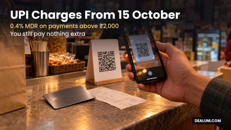 Phone scanning a UPI QR code at a shop counter, with text: UPI charges from 15 October, 0.4% MDR on payments above ₹2,000, you still pay nothing extra