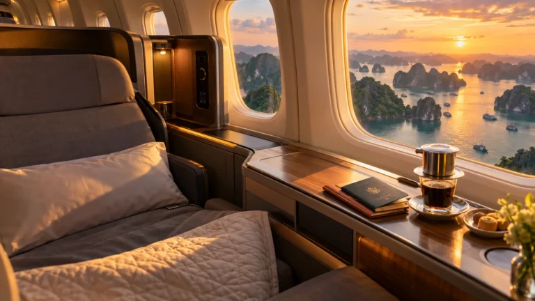 Business class seat by an aircraft window overlooking Ha Long Bay at sunset, with a passport and Vietnamese drip coffee on the side table