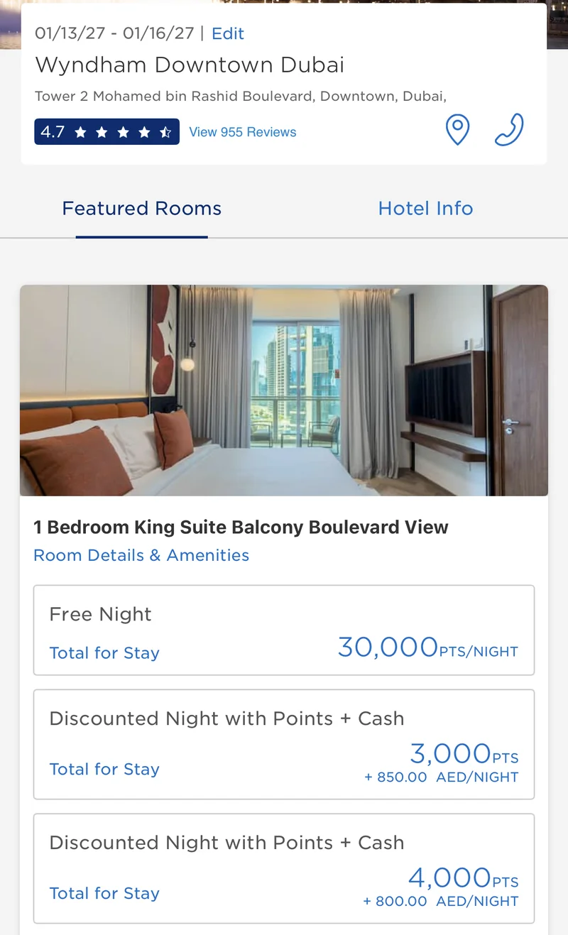 Wyndham app showing a one-bedroom suite with balcony at Wyndham Downtown Dubai for 30,000 points or 3,000 points plus AED 850