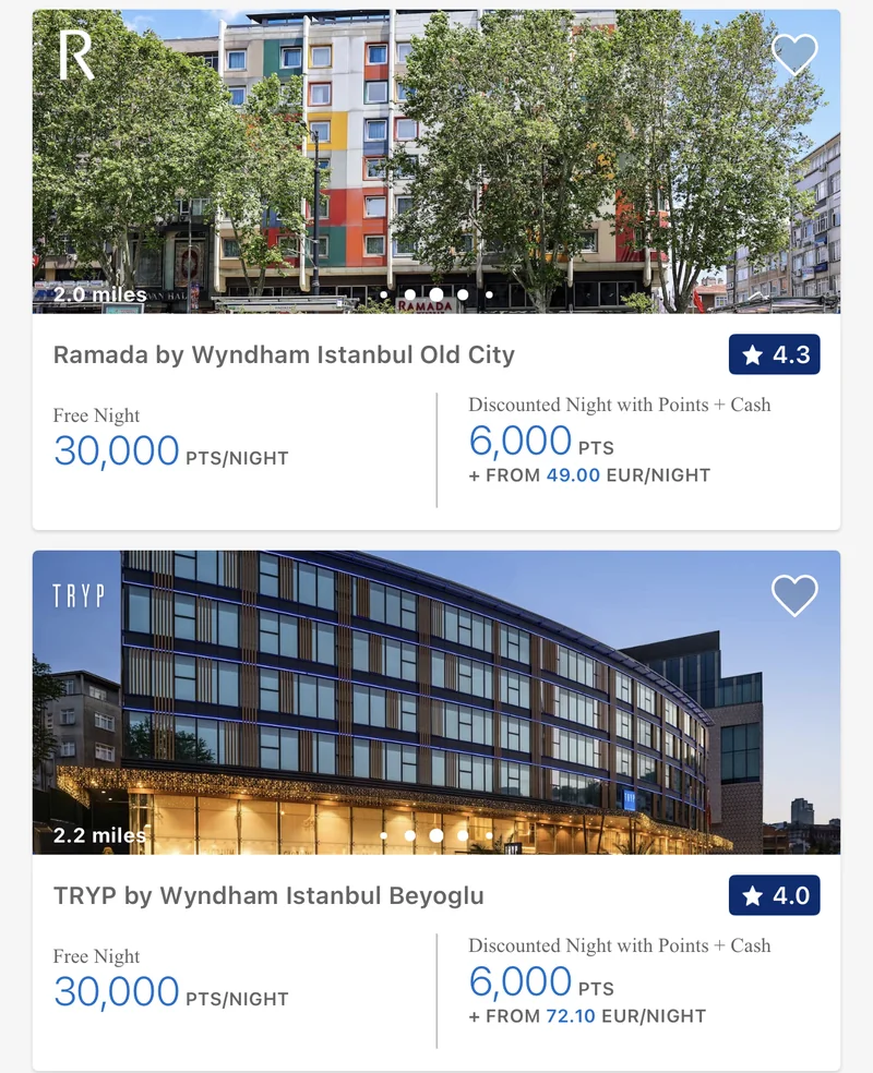 Wyndham app listing Ramada by Wyndham Istanbul Old City at 30,000 points or 6,000 points plus 49 euros