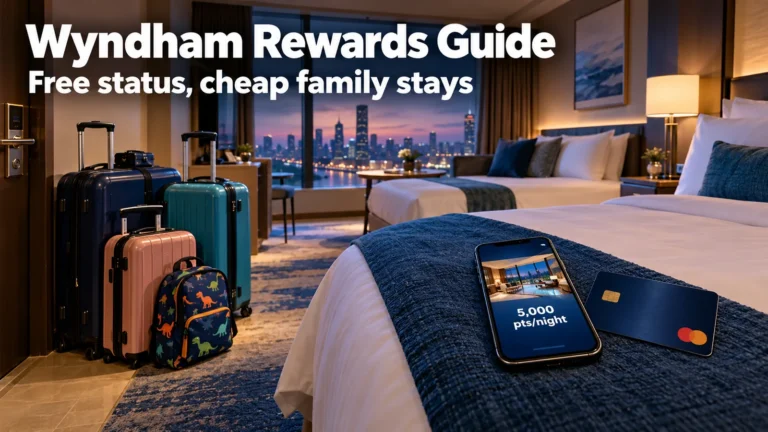 City hotel family room at dusk with suitcases, a phone showing 5,000 points a night and a navy card, headline Wyndham Rewards Guide